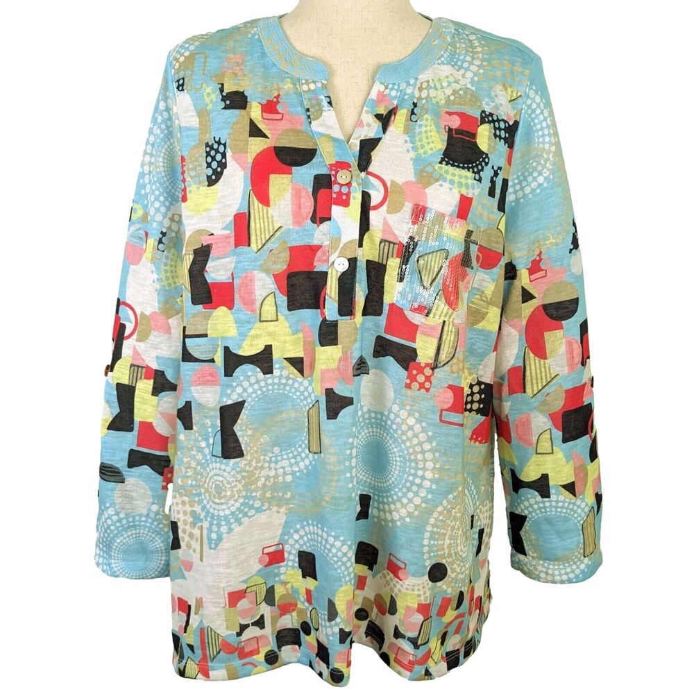 Ali Miles Women's LG Sky Blue Geometric Print Sequined Roll Tab Sweater Tunic